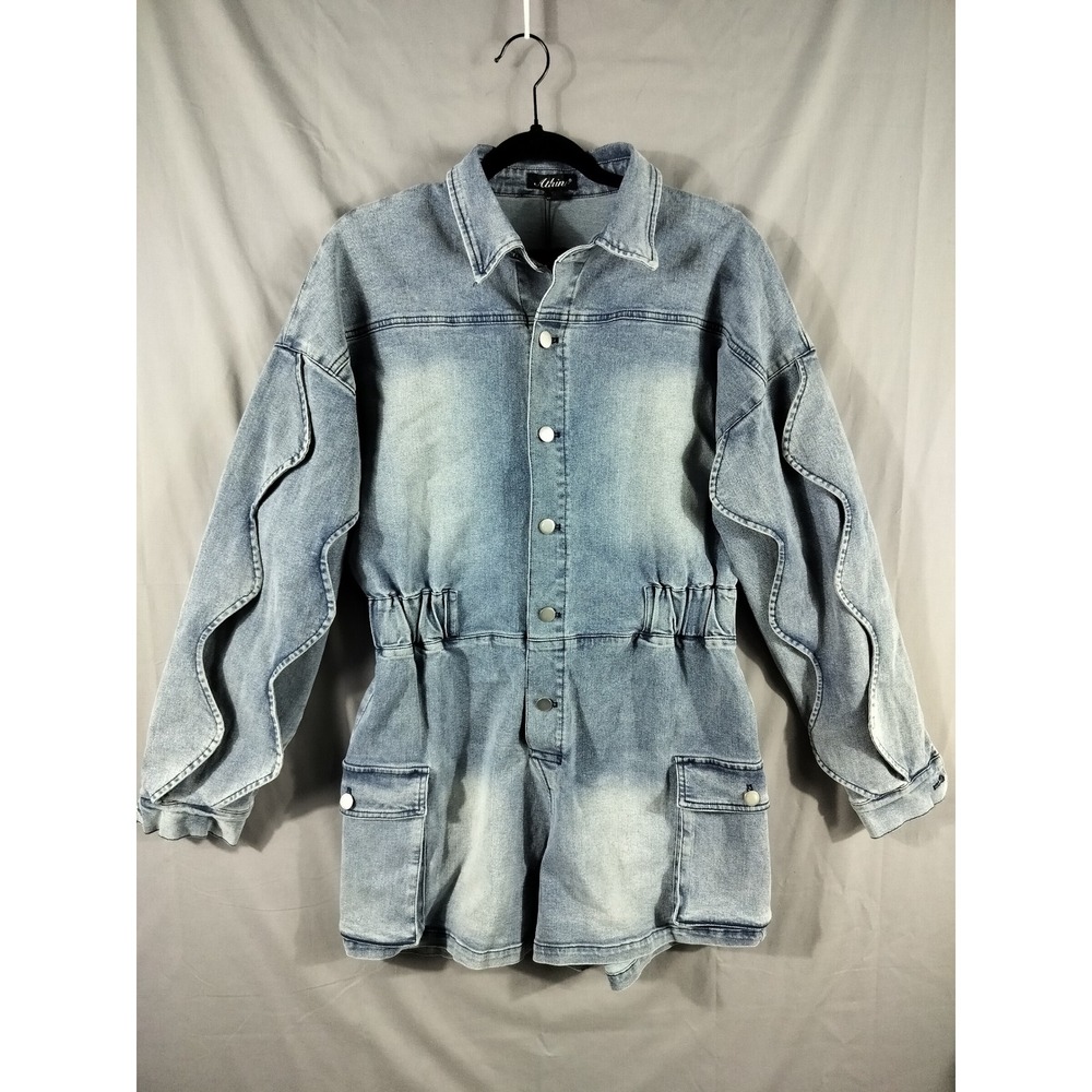 Athina Denim Romper Women Large NEW Blue Long Sleeve Cargo Utility Acid Wash
